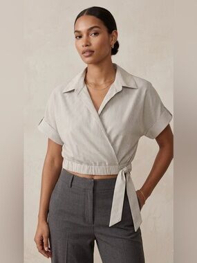 Aritzia Babaton Nora Pinstripe Cropped Wrap Blouse Top size S